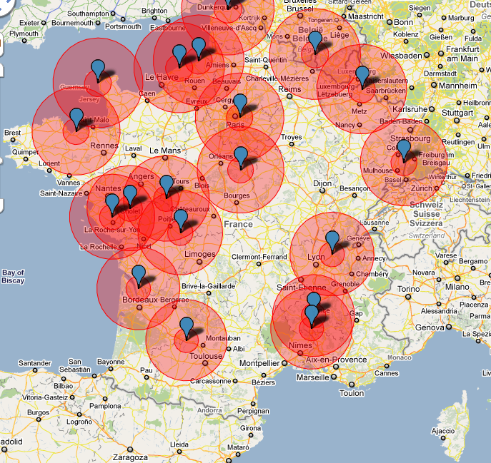 Carte de France lors d'incidents nucléaires